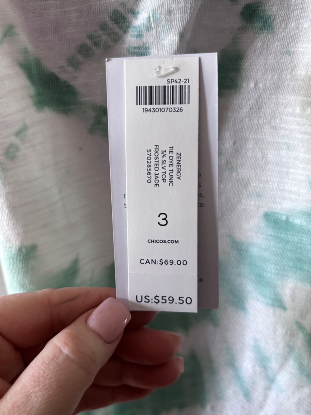 Chico’s Zenergy Tie Dye Tunic Top in Mint Green and White - NWT Size 3 (16/18) - Picture 7 of 10